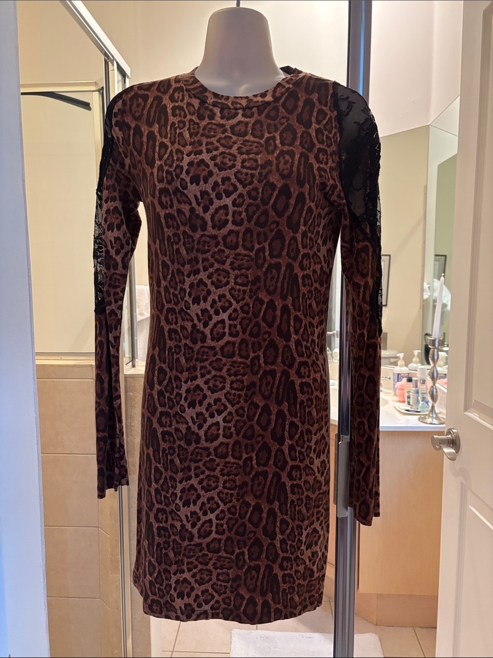 Torn by Ronny Kobo Brown Leopard Print Long Sleeve Dress with Lace Shoulders